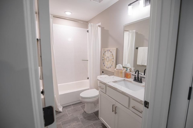 full bathroom with tile floors, toilet, vanity, and shower / bathtub combination with curtain