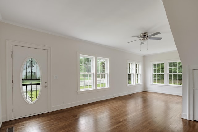 entrance foyer with a healthy amount of sunlight, ceiling fan, ornamental molding, and dark wood-type flooring