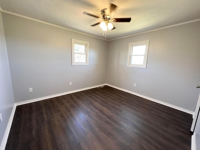 unfurnished room with ceiling fan, dark wood-type flooring, and ornamental molding