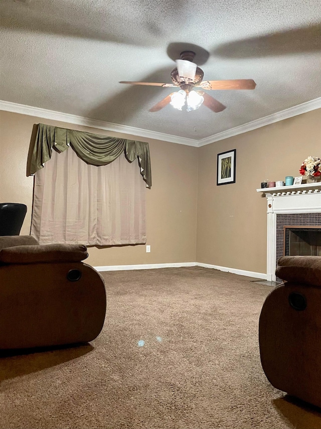 living room featuring a textured ceiling, dark colored carpet, crown molding, and ceiling fan