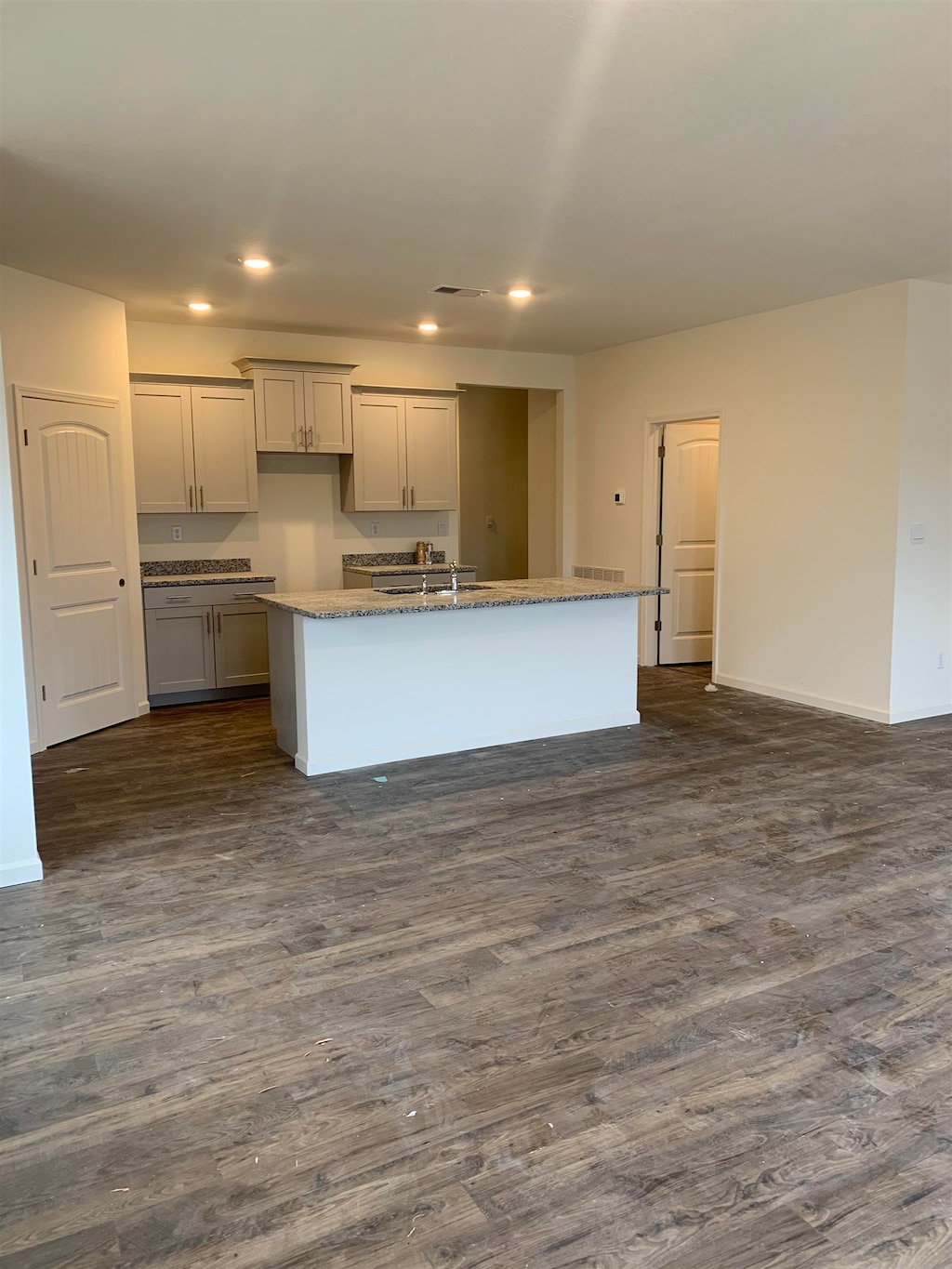 kitchen with dark hardwood / wood-style floors, an island with sink, and sink