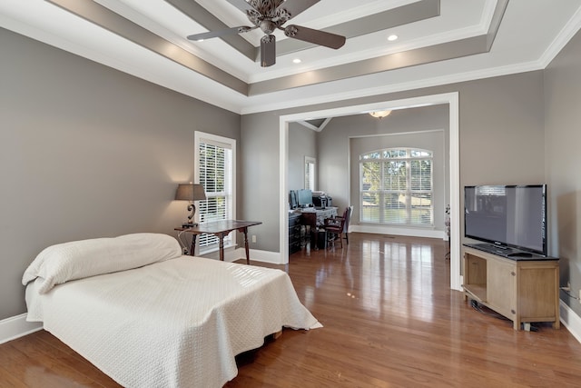 1615 Cedar Lake Cir, Hernando, MS 38632 - bedroom with a tray ceiling, ornamental molding, ceiling fan, and dark wood-type flooring