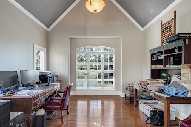 1615 Cedar Lake Cir, Hernando, MS 38632 - home office with high vaulted ceiling, crown molding, a wealth of natural light, and hardwood / wood-style flooring