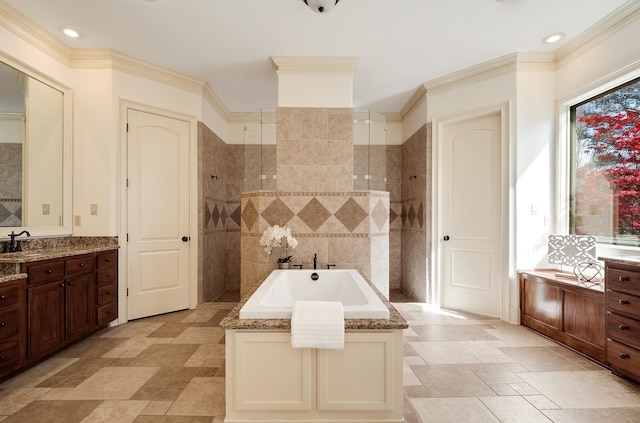 11911 Pete Dr, Collierville, TN 38017 - bathroom featuring vanity, tile flooring, shower with separate bathtub, and ornamental molding