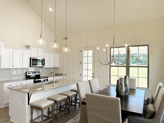 kitchen with sink, stainless steel appliances, white cabinets, a center island with sink, and decorative light fixtures