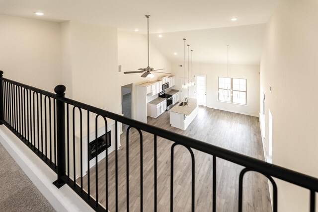 hallway with wood-type flooring, sink, and high vaulted ceiling