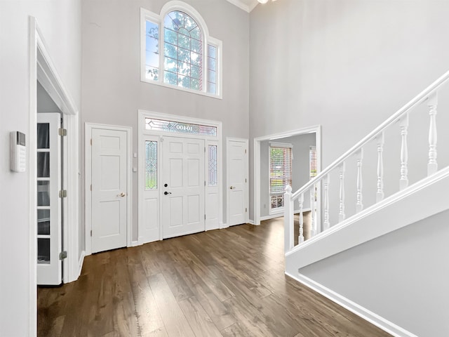 foyer entrance with a towering ceiling and dark hardwood / wood-style flooring