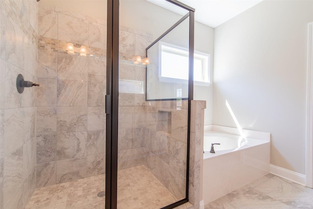 bathroom with plus walk in shower and tile floors