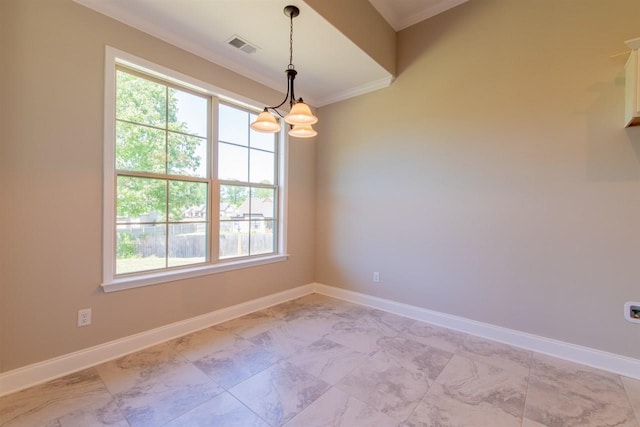 empty room featuring plenty of natural light, a chandelier, and light tile floors