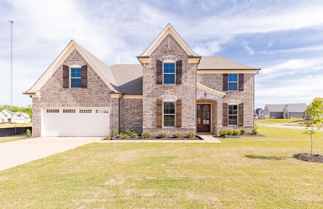 view of front facade featuring a front lawn and a garage