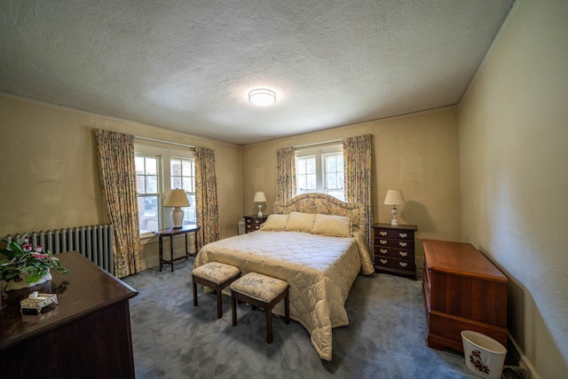 carpeted bedroom with a textured ceiling and radiator heating unit