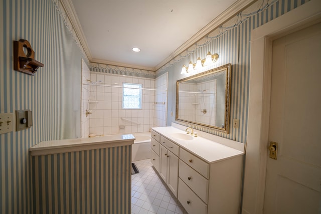 bathroom with crown molding, tile floors, and vanity