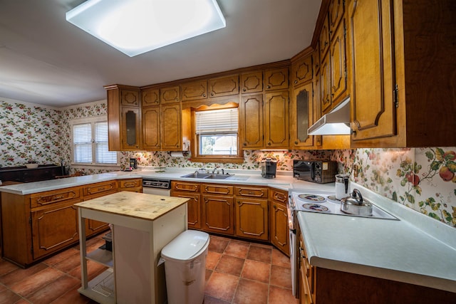 kitchen with electric stove, dark tile floors, sink, dishwasher, and backsplash