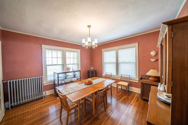 dining area with an inviting chandelier, dark hardwood / wood-style flooring, a textured ceiling, and radiator heating unit