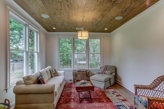 living room with hardwood / wood-style floors and wood ceiling