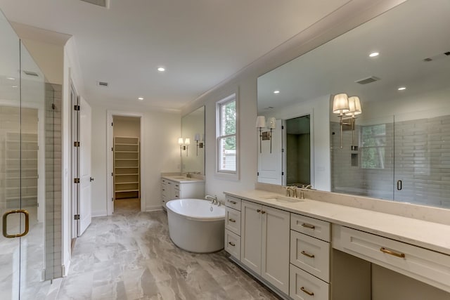 bathroom with separate shower and tub, tile floors, and large vanity