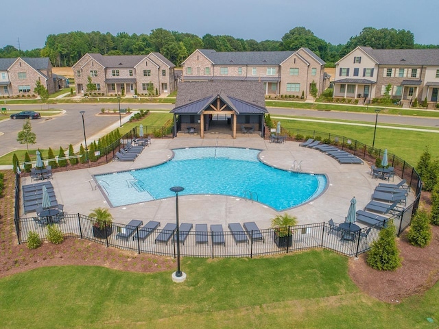 view of swimming pool with a lawn, a patio area, and a gazebo