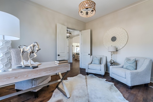 office space featuring dark hardwood / wood-style flooring and crown molding