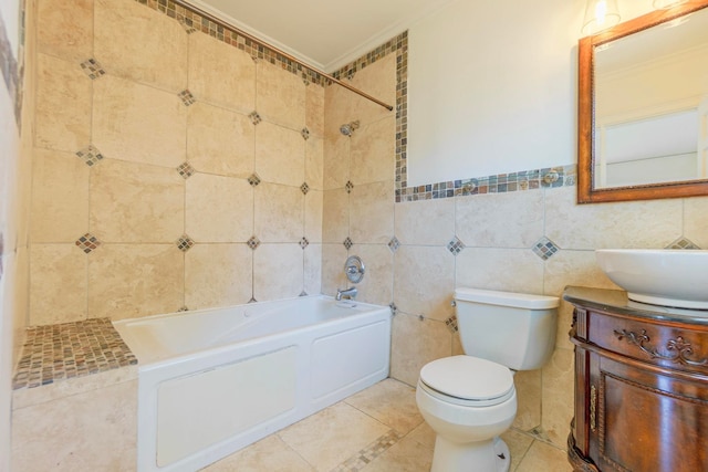 bathroom with toilet, shower / tub combination, tile patterned flooring, vanity, and tile walls