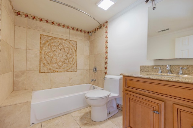 full bath with shower / bathtub combination, ornamental molding, tile patterned flooring, and vanity