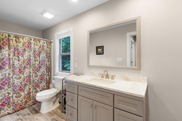 bathroom featuring wood-type flooring, vanity, toilet, and a shower with shower curtain