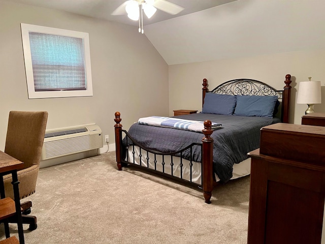 carpeted bedroom with lofted ceiling, ceiling fan, and a wall mounted air conditioner