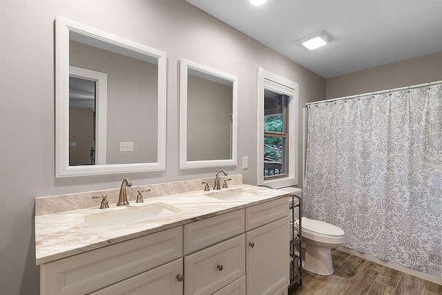 bathroom featuring vanity, walk in shower, toilet, and wood-type flooring