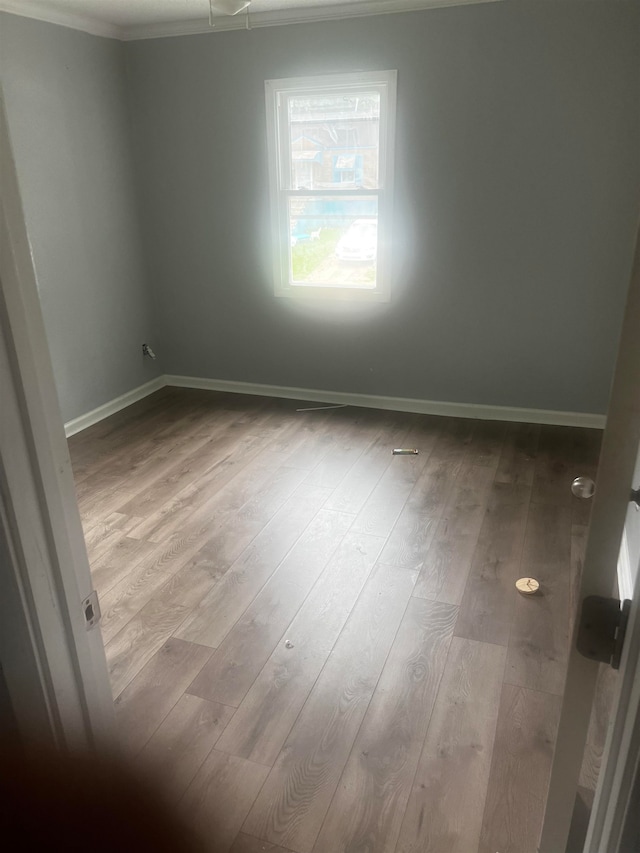 unfurnished room with light hardwood / wood-style flooring and ornamental molding