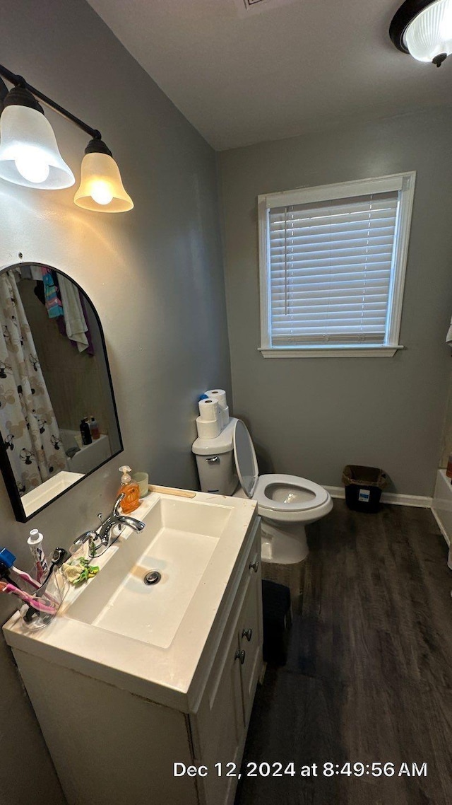 bathroom featuring hardwood / wood-style floors, vanity, and toilet