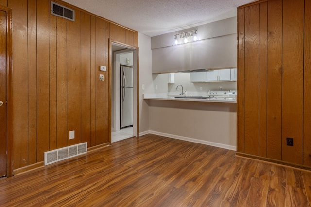 spare room with dark hardwood / wood-style flooring, a textured ceiling, wood walls, and sink