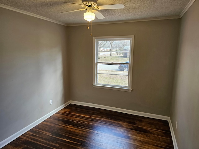 spare room featuring crown molding, dark hardwood / wood-style flooring, a textured ceiling, and ceiling fan