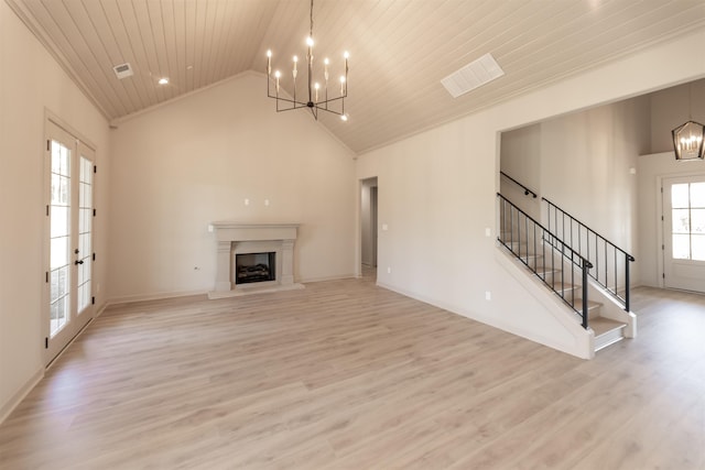 unfurnished living room featuring high vaulted ceiling, ornamental molding, wooden ceiling, a chandelier, and light wood-type flooring