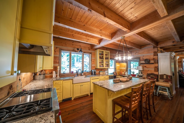 kitchen featuring decorative light fixtures, light stone counters, dark hardwood / wood-style floors, a center island, and sink