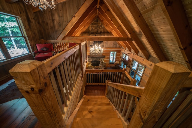 stairs featuring an inviting chandelier, wood walls, dark hardwood / wood-style flooring, wooden ceiling, and lofted ceiling with beams