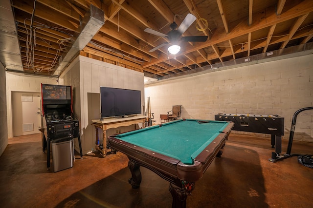 recreation room with pool table and ceiling fan