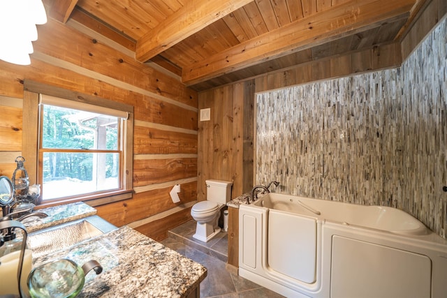 view of sauna / steam room with tile flooring, wood ceiling, and wooden walls