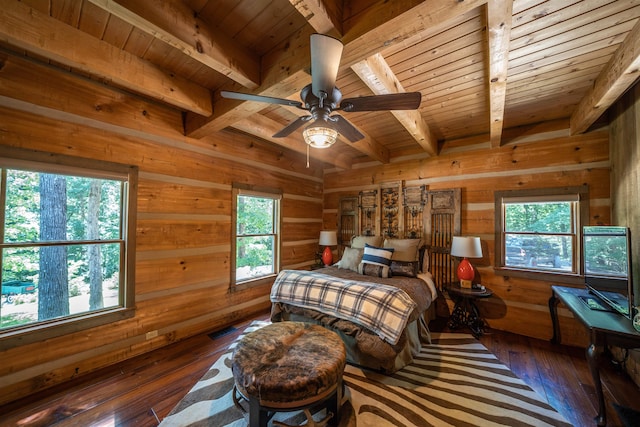 bedroom with beam ceiling, wood ceiling, and dark hardwood / wood-style flooring