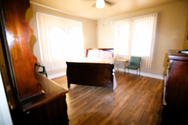 bedroom with ceiling fan and hardwood / wood-style flooring