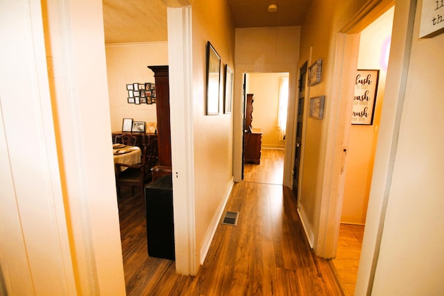 hallway with crown molding and dark wood-type flooring