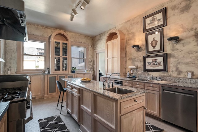 kitchen with extractor fan, a kitchen island with sink, track lighting, stainless steel dishwasher, and light stone counters