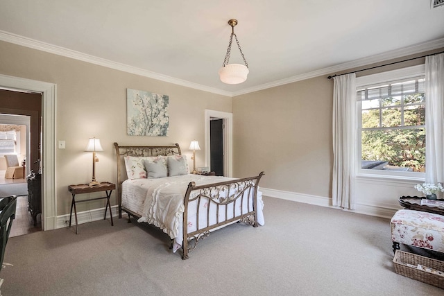 carpeted bedroom with ornamental molding