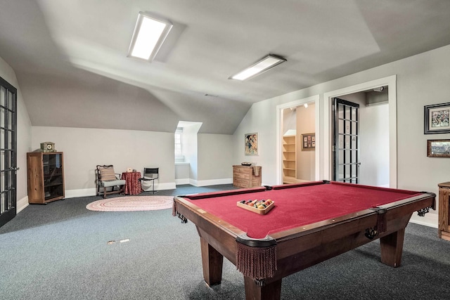 game room featuring vaulted ceiling, dark colored carpet, and pool table