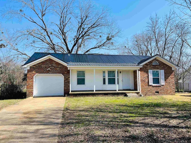 ranch-style home with a porch and a garage