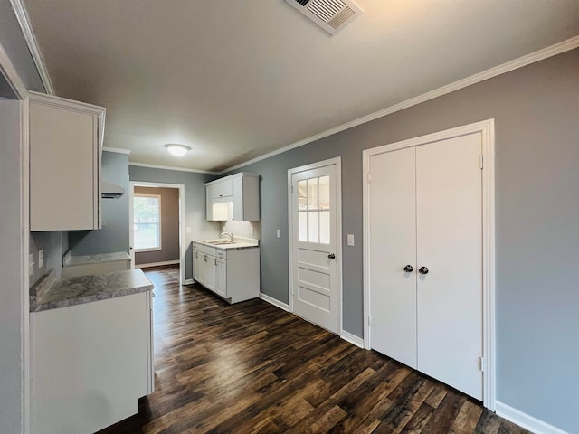 kitchen with white cabinets, dark hardwood / wood-style floors, sink, and ornamental molding