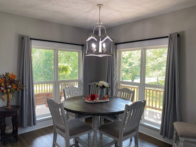 dining space with plenty of natural light, dark hardwood / wood-style floors, and an inviting chandelier