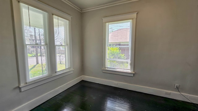 spare room featuring dark hardwood / wood-style flooring, a healthy amount of sunlight, and ornamental molding