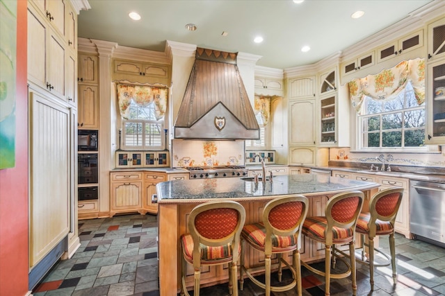 kitchen featuring appliances with stainless steel finishes, plenty of natural light, a center island with sink, and custom exhaust hood