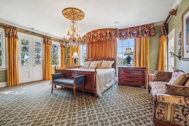 bedroom with dark carpet, a notable chandelier, french doors, and crown molding