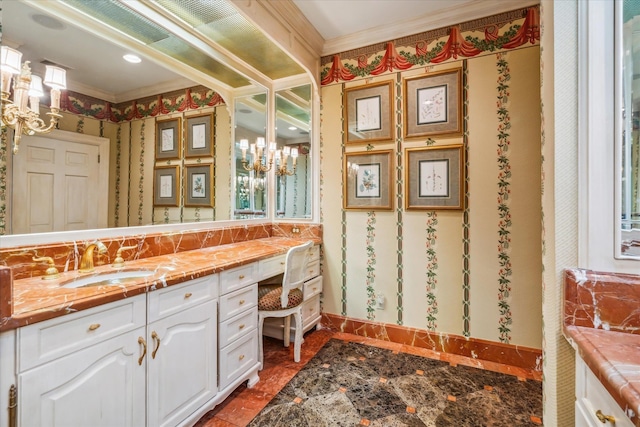 bathroom featuring an inviting chandelier, ornamental molding, tile floors, and vanity