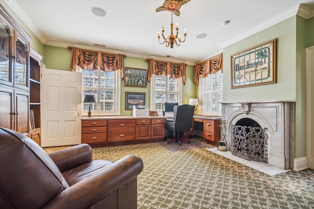 carpeted home office with an inviting chandelier and ornamental molding